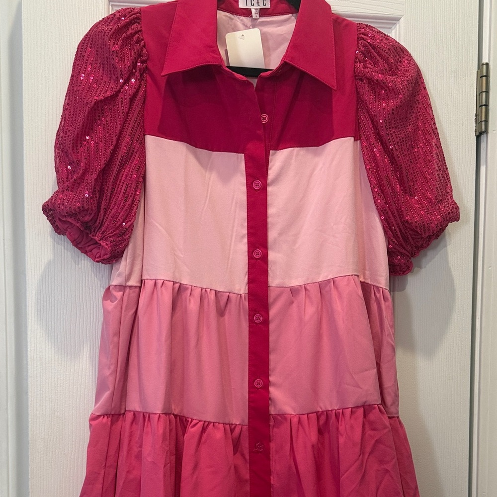 Pink Ombré Tiered Dress with Puff Sequin Sleeves - Picture 5 of 5